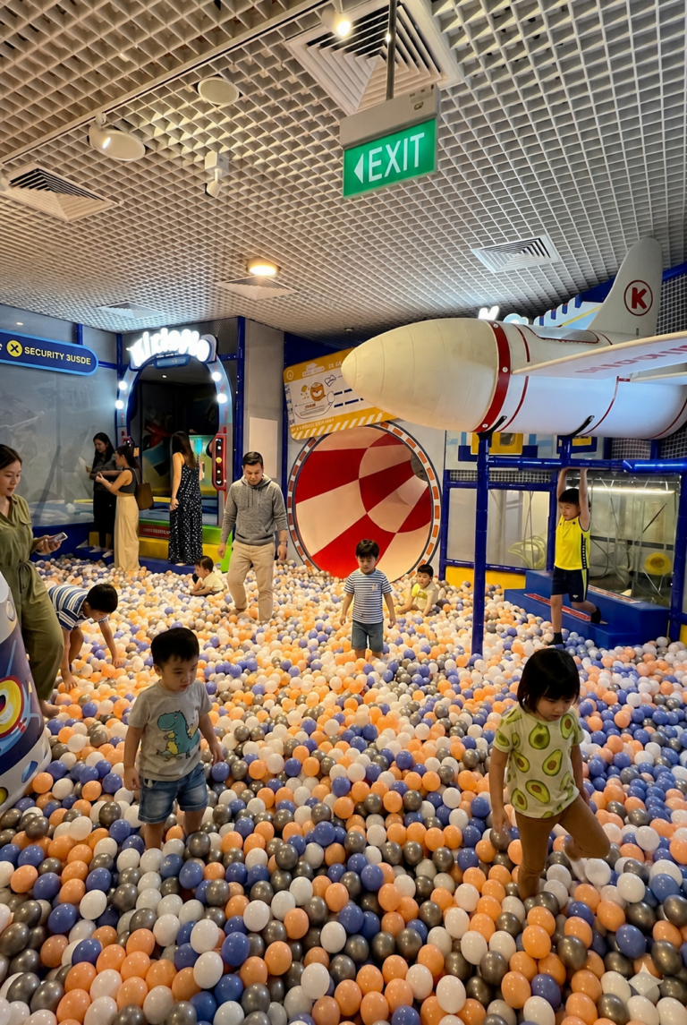 Children playing inside large Kidztopia ball pit playground at Jewel Changi Airport Singapore.