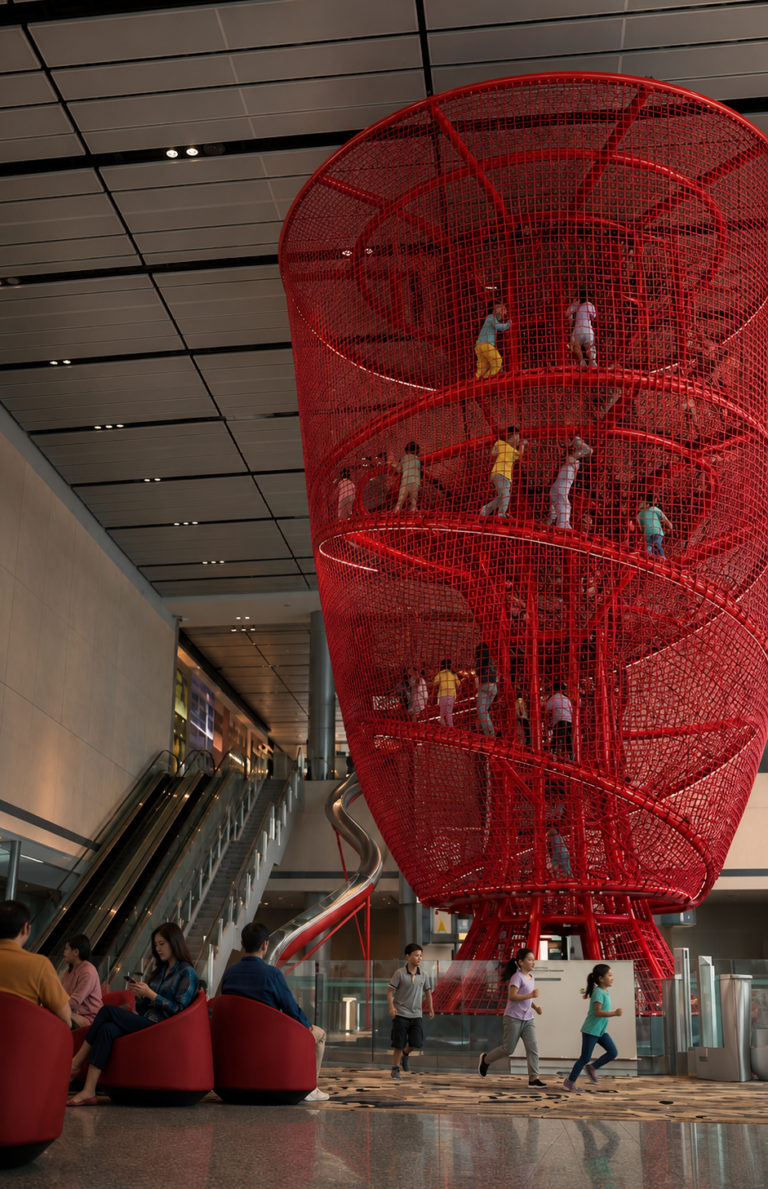 Kids climbing the giant Chandelier net playground with slide at Jewel Changi Airport Singapore