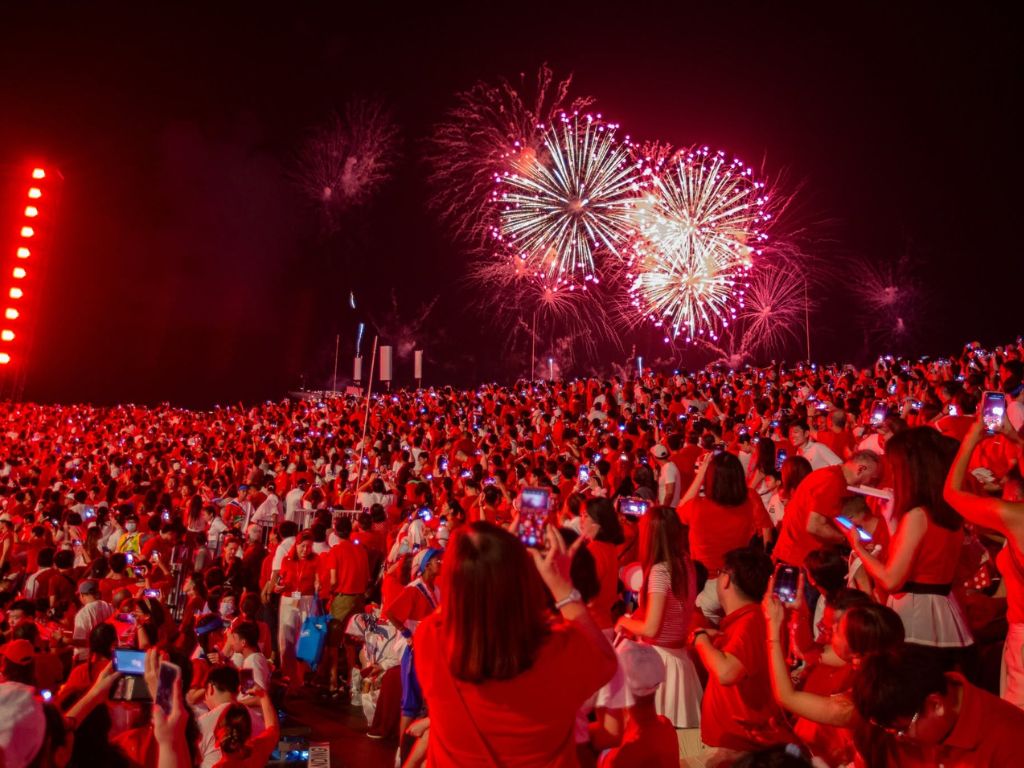 Image of National Day Parade fireworks and crowd