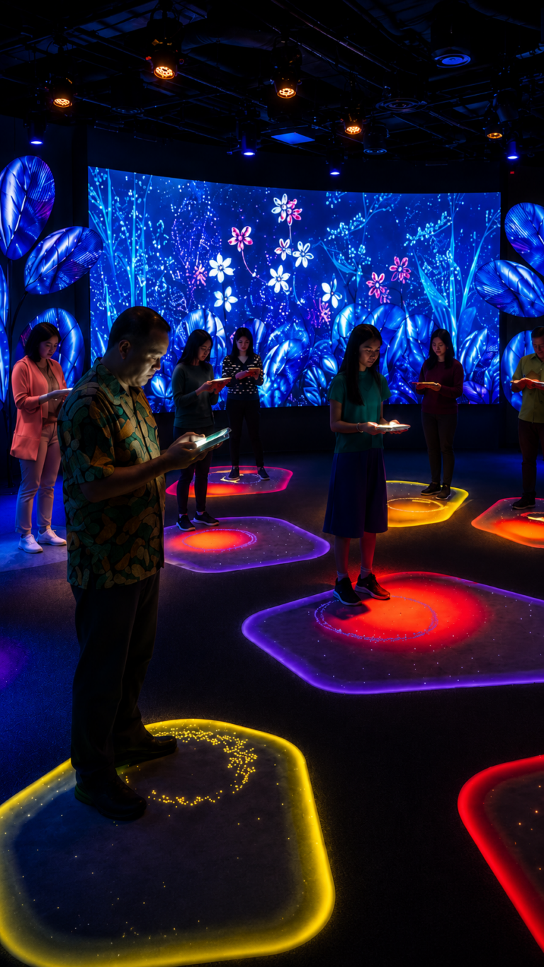 Visitors creating music together at the Garden of Harmony interactive exhibit in Changi Experience Studio Singapore