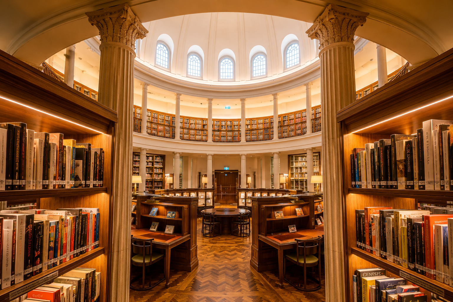 Aesthetic library interior of rotunda library in Singapore