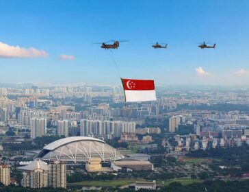 Image of the NDP flypast across Kallang Basin