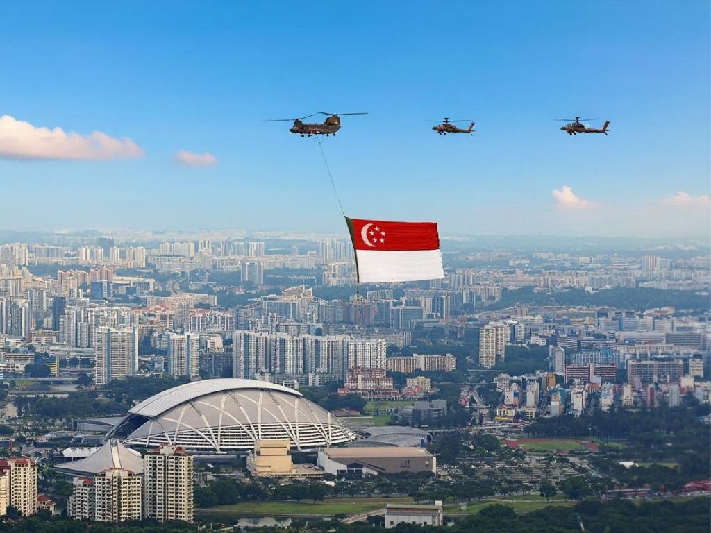 Image of the NDP flypast across Kallang Basin