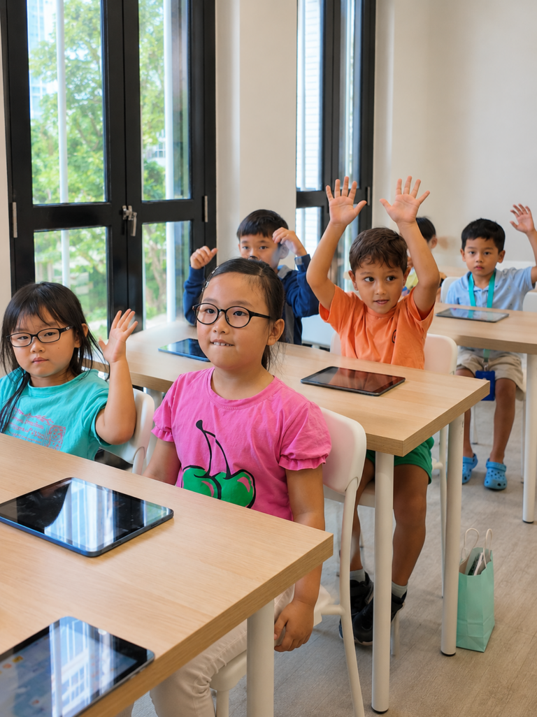 Little kids attending AI classes at Empire AI summer camp in Singapore