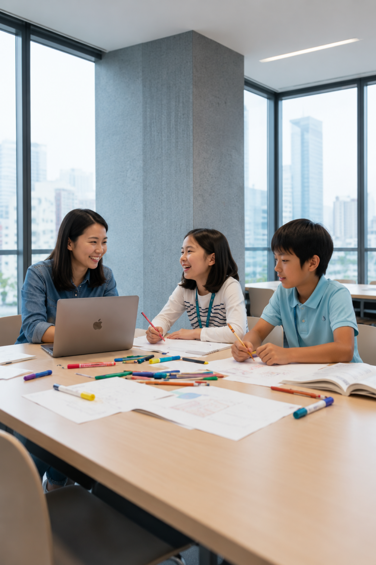 Children participating in creative AI at Preface AI summer camp in Singapore.