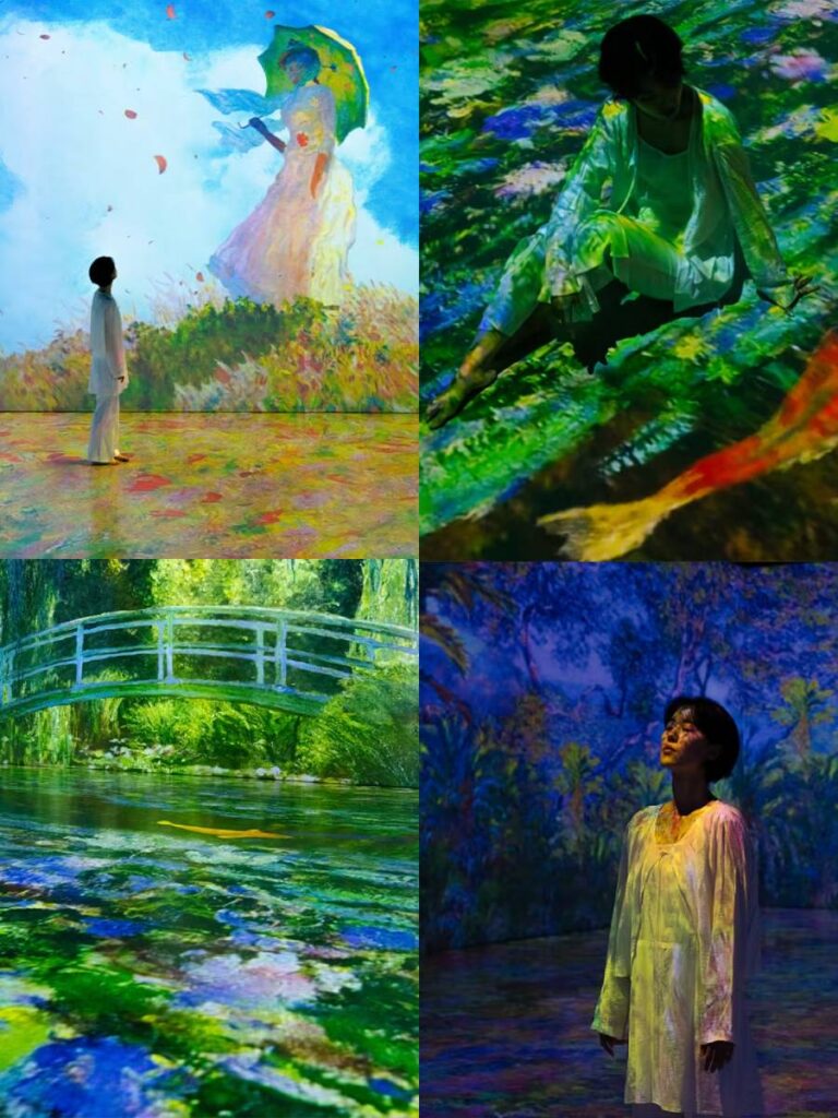 Visitors exploring the Monet Inside immersive exhibition with large digital projections at Parkview Square Singapore