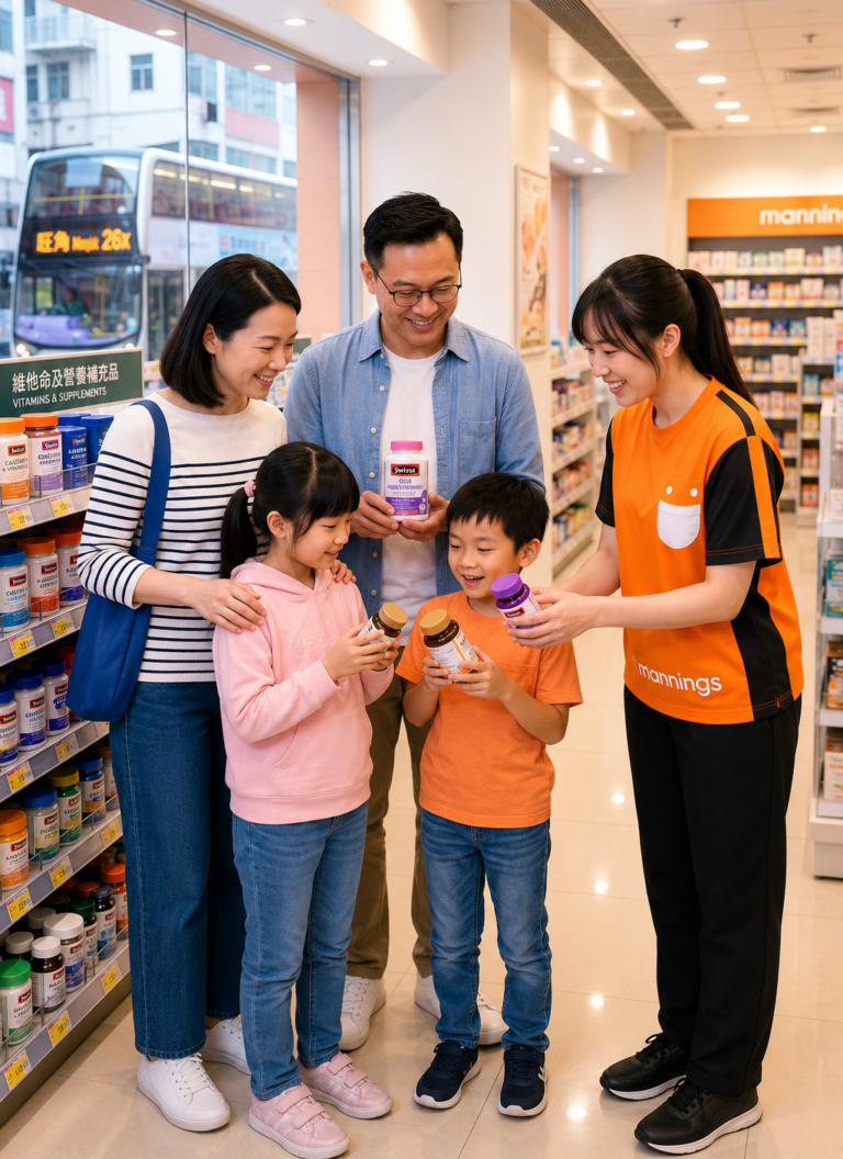 Family shopping for vitamins and health supplements at Mannings Hong Kong