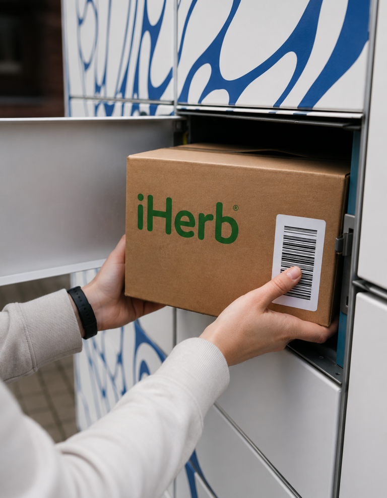 Customer collecting an iHerb parcel from an SF Express locker in Hong Kong.