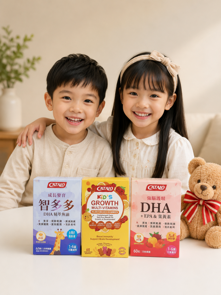 Two smiling young children sitting behind three CATALO children's supplements, including Kids Growth Multivitamins, DHA Fish Oil, and DHA + EPA.