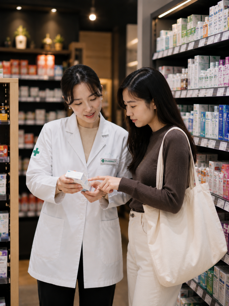 Customer receiving advice on family vitamins and supplements from a pharmacist in Hong Kong.