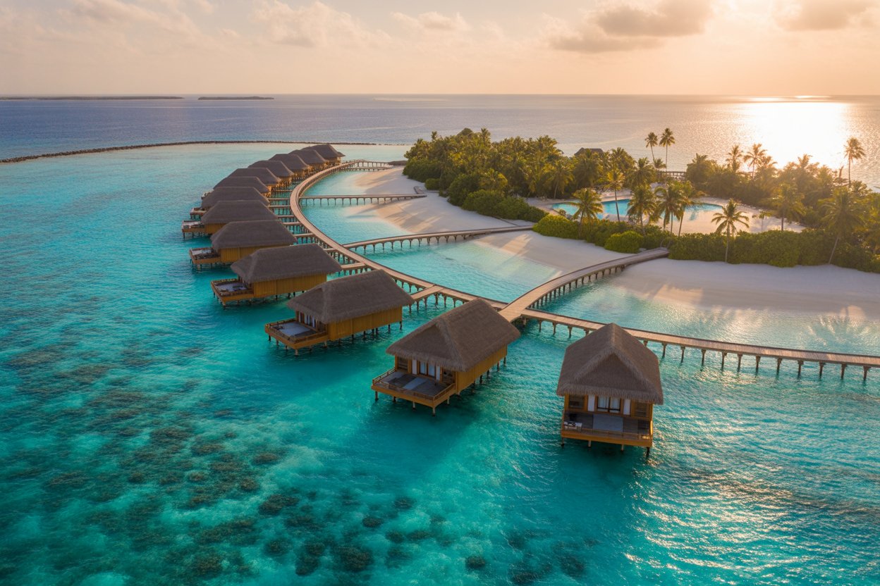 Rendering of Bvlgari Resort Ranfushi overwater villas on a curved jetty, Maldives, turquoise lagoon glowing at sunset