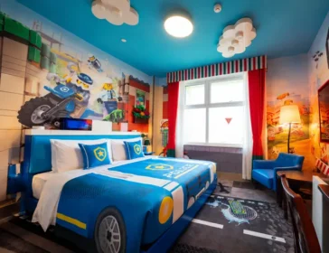 Police car king bed in a LEGO CITY themed room at LEGOLAND Hotel Malaysia, with bright cop and motorbike murals for families