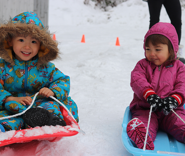 Kids playing on sleds in Niseko Kids Club daycare program