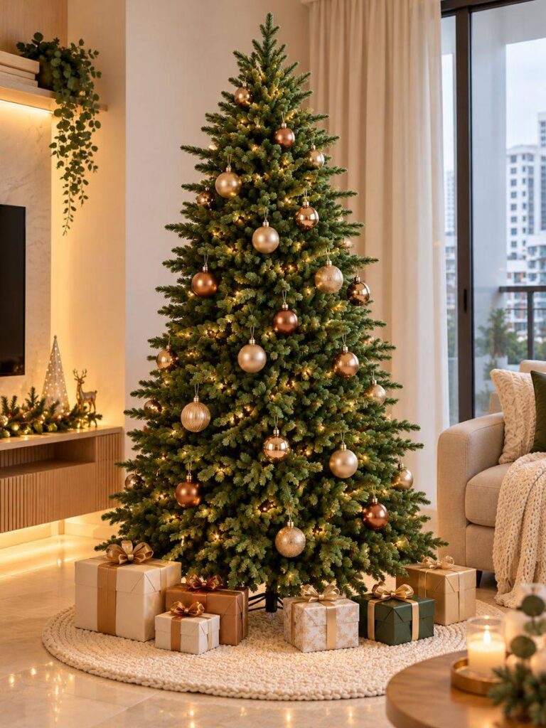 Realistic artificial Christmas tree with festive decorations from Pine Concept in Singapore