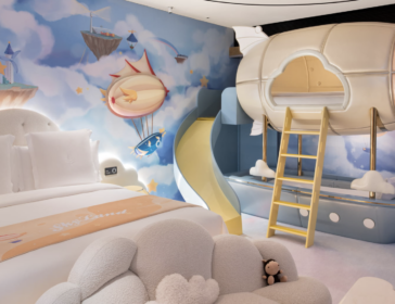 Sky-themed kids room with airship bunk, slide and cloud sofa beside a king bed at Four Seasons Hotel Guangzhou