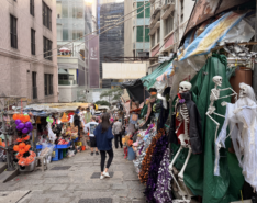 Colorful costumes, wigs and masks on display at market stalls on Pottinger Street in Central, Hong Kong
